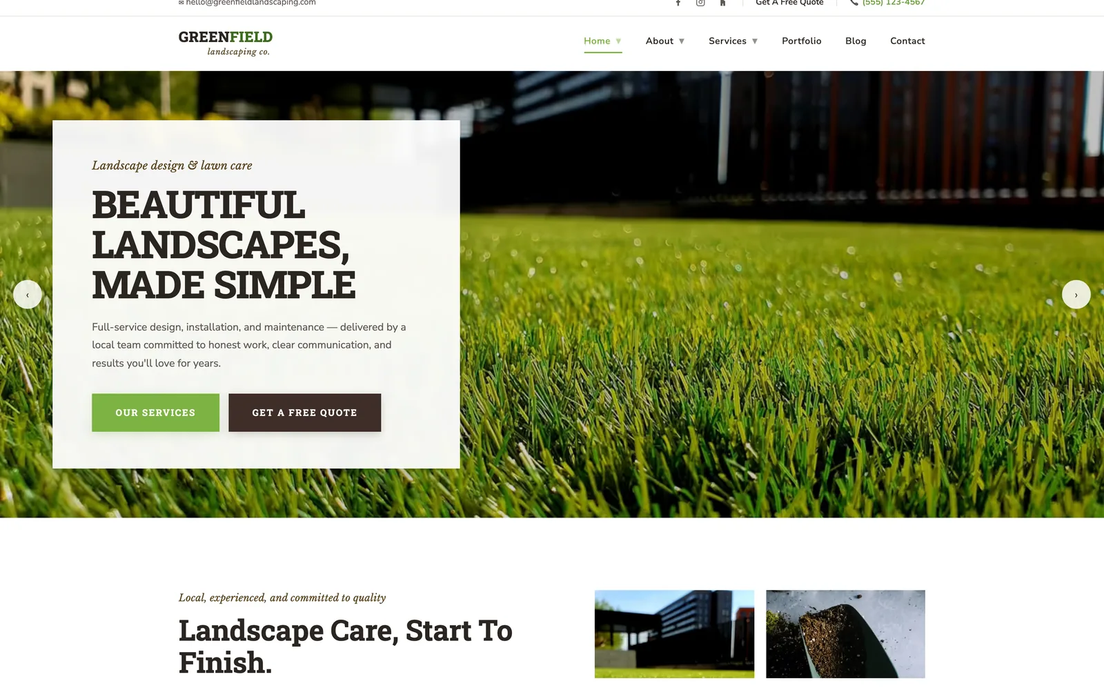 Template 2 first screen: a lawn photo with a white box holding a bold uppercase headline.