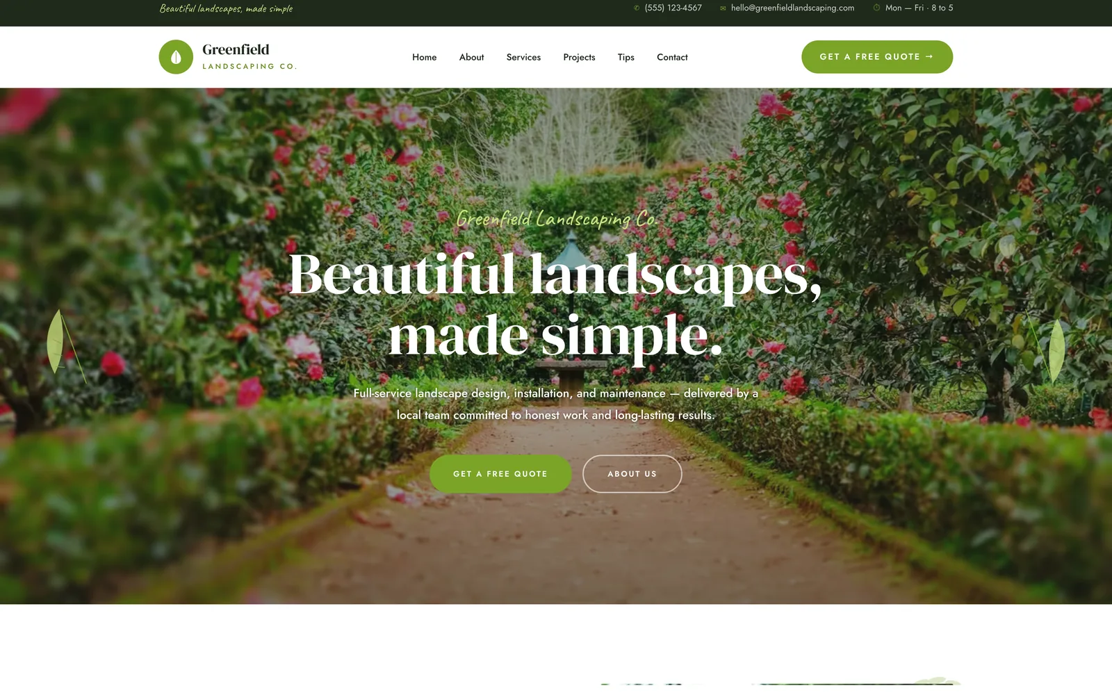 Template 3 first screen: a garden photo with a centered headline and two buttons.