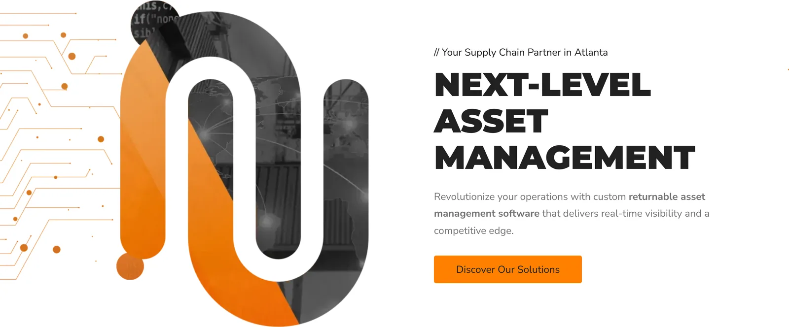 The nuVector hero: the headline Next-Level Asset Management, a line of copy and a Discover Our Solutions button, next to the company monogram.
