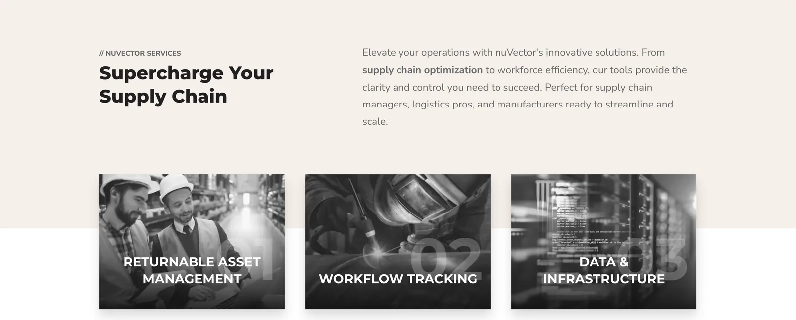 Three numbered service cards over grayscale photographs: Returnable Asset Management, Workflow Tracking, and Data and Infrastructure.