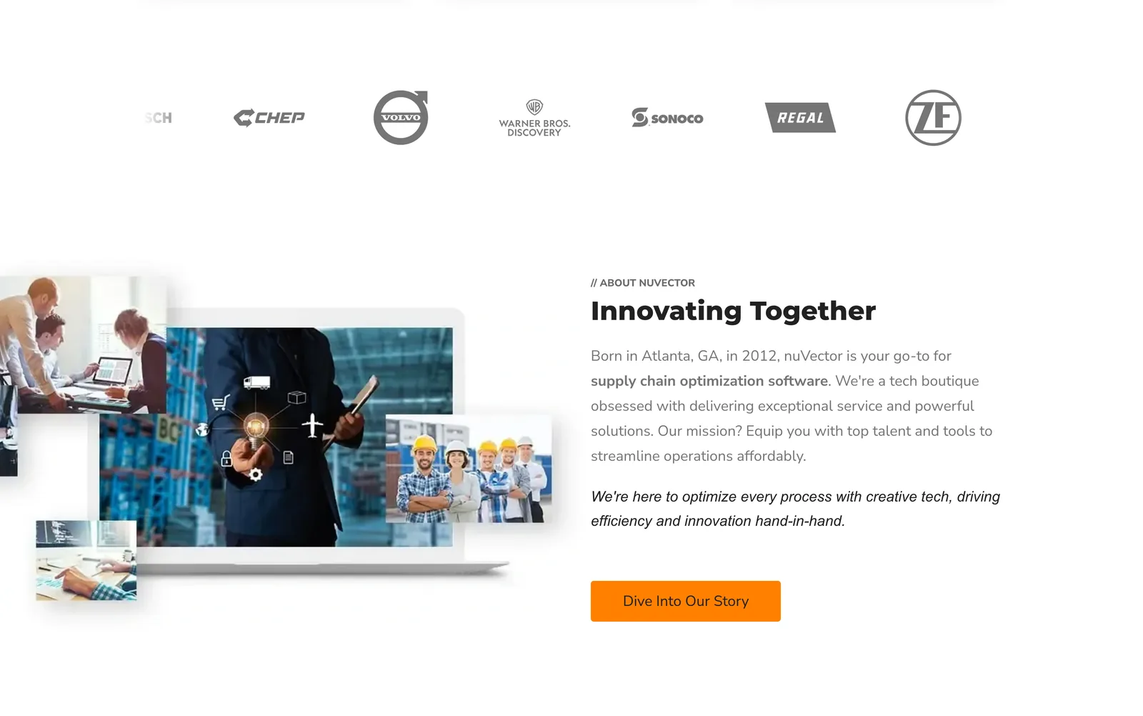 A row of client logos in gray above the About nuVector block, with a heading reading Innovating Together.