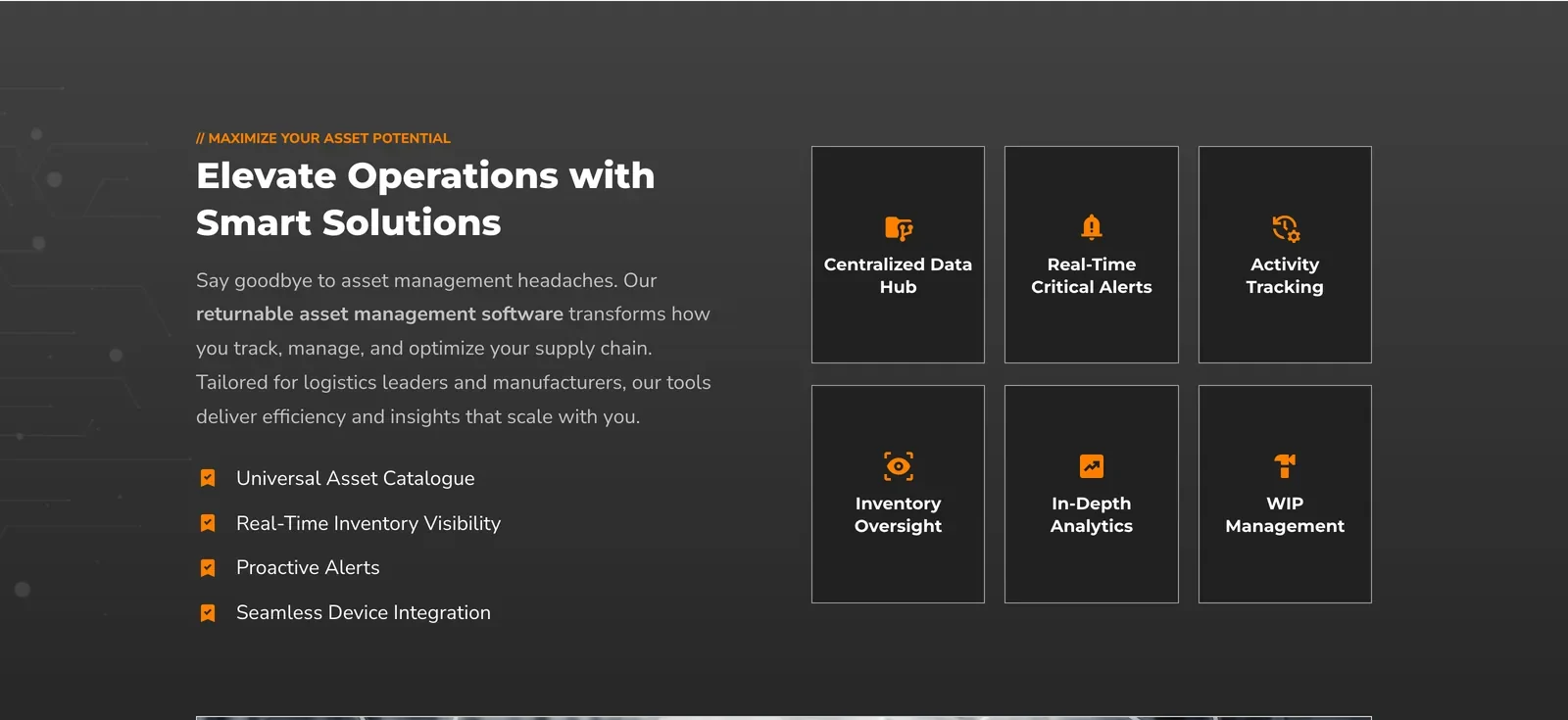 A dark section listing four software capabilities beside six linked tiles with orange icons.