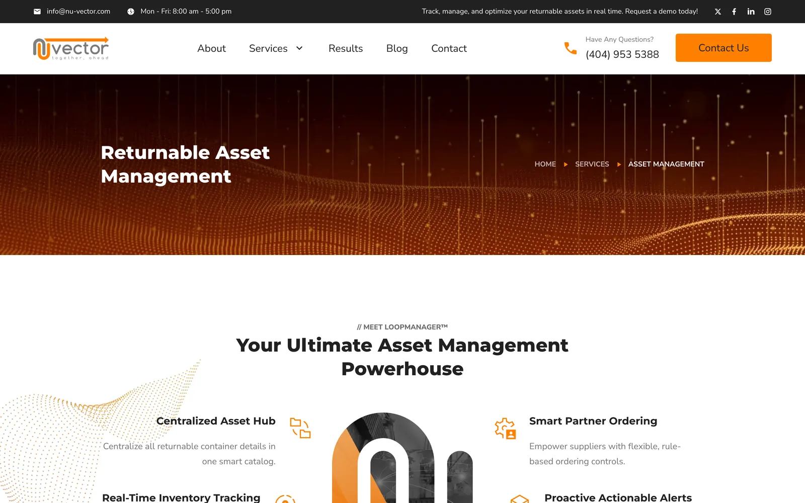 The returnable asset management service page, headed Meet LoopManager, with four capabilities around the company monogram.