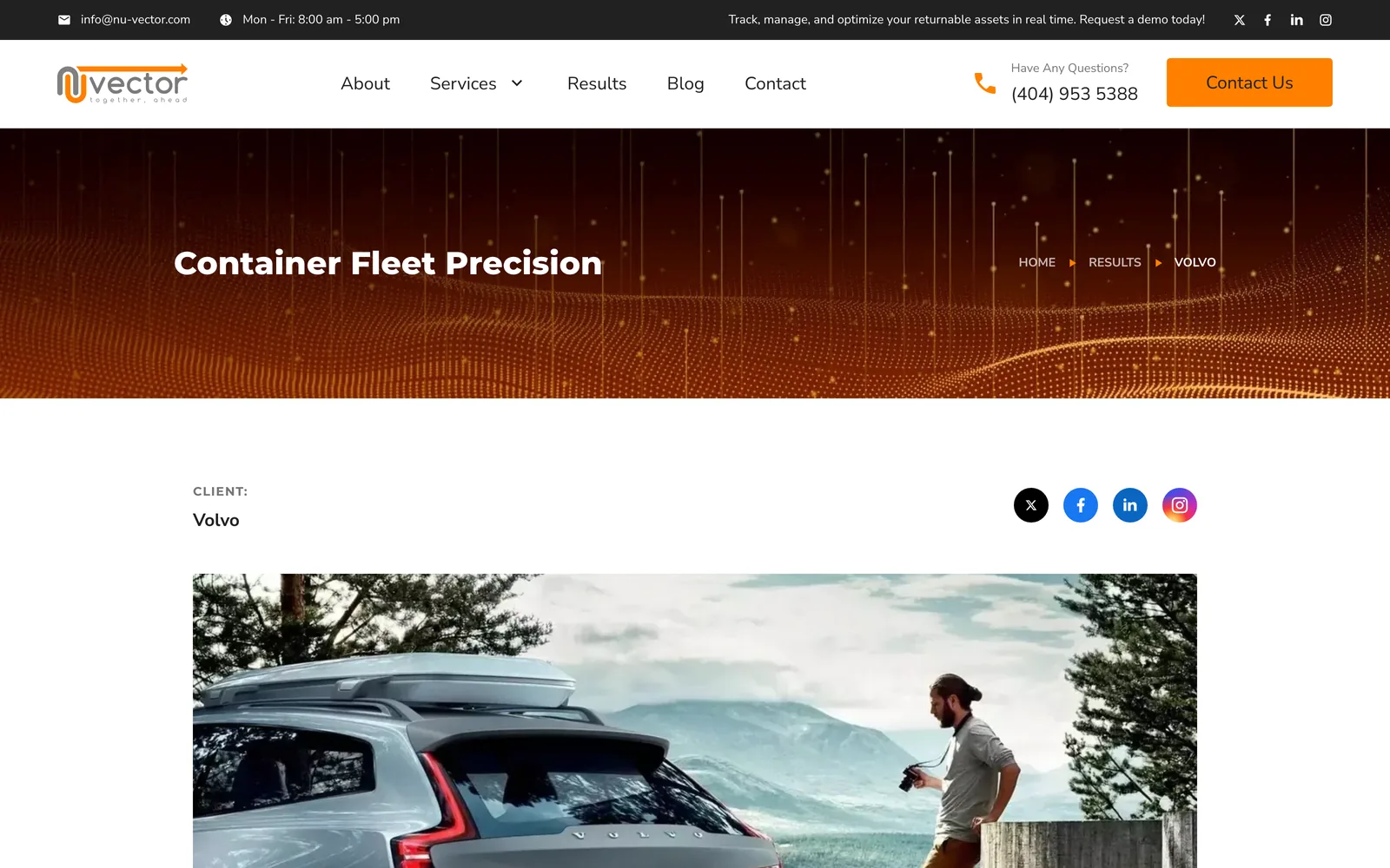 The Volvo client page: a banner reading Container Fleet Precision, a breadcrumb, the client name, share buttons and a photograph.