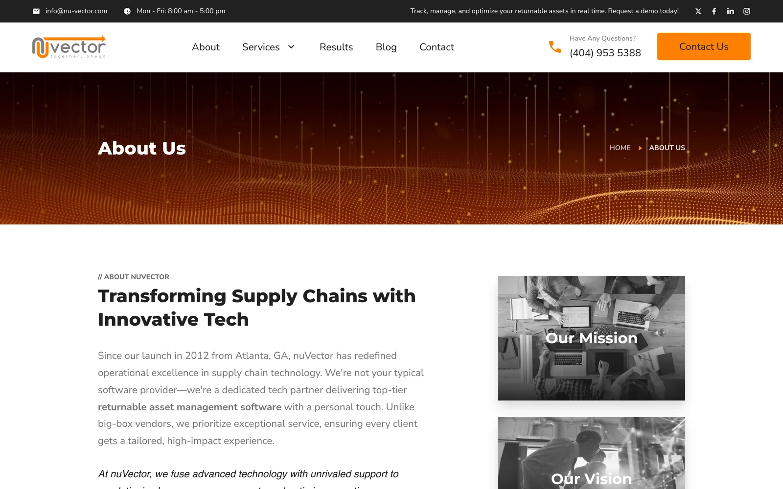 The About Us page with a heading reading Transforming Supply Chains with Innovative Tech, and Our Mission and Our Vision cards.