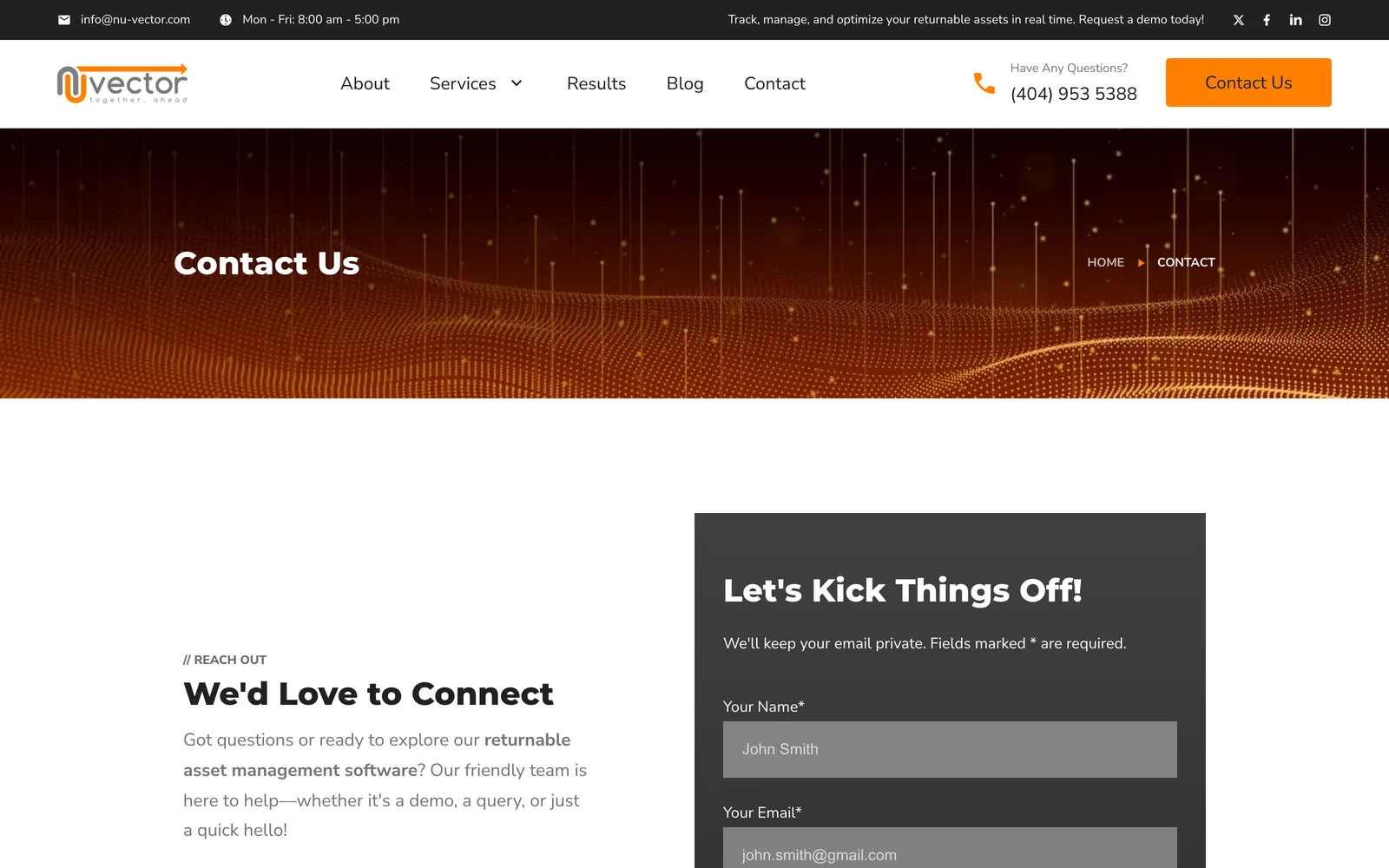 The Contact Us page with introductory copy beside a dark form panel.