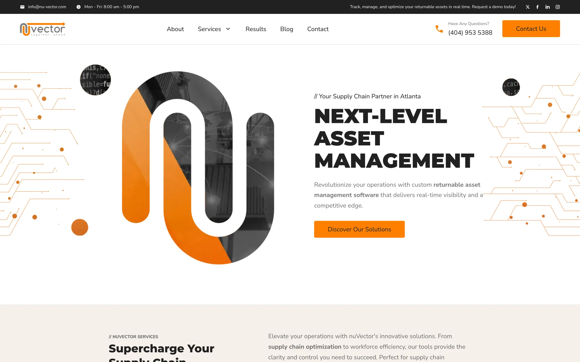 The nuVector homepage: the headline Next-Level Asset Management with a Discover Our Solutions button, beside the company monogram.