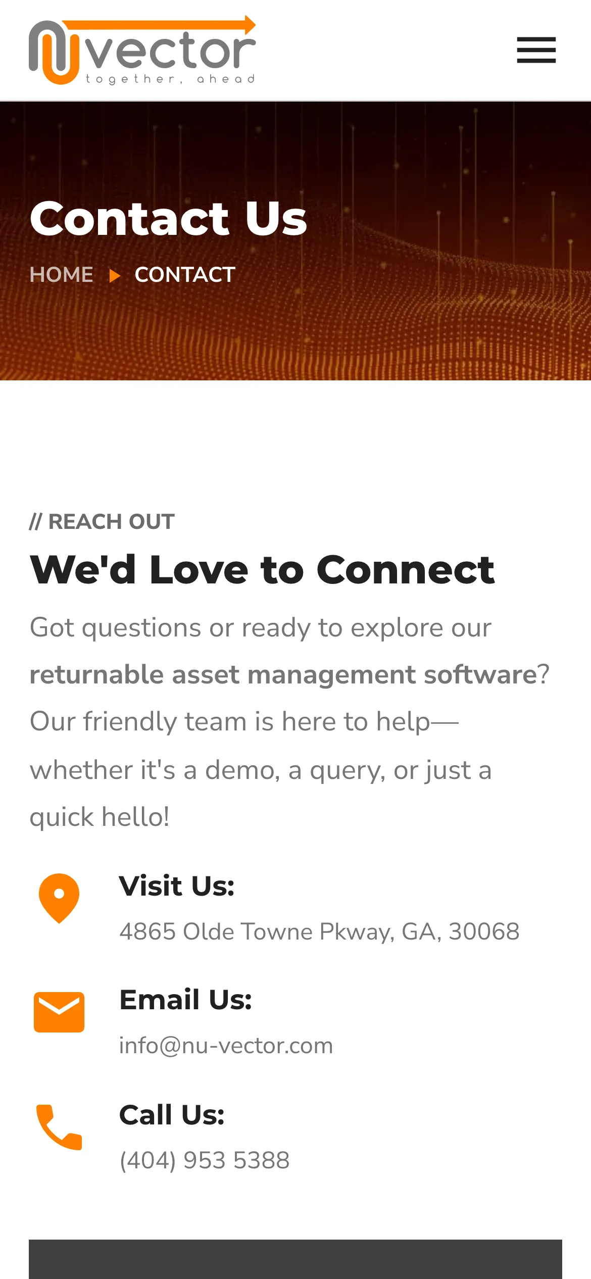 The contact page on a phone, with the address, email and phone number above the form.