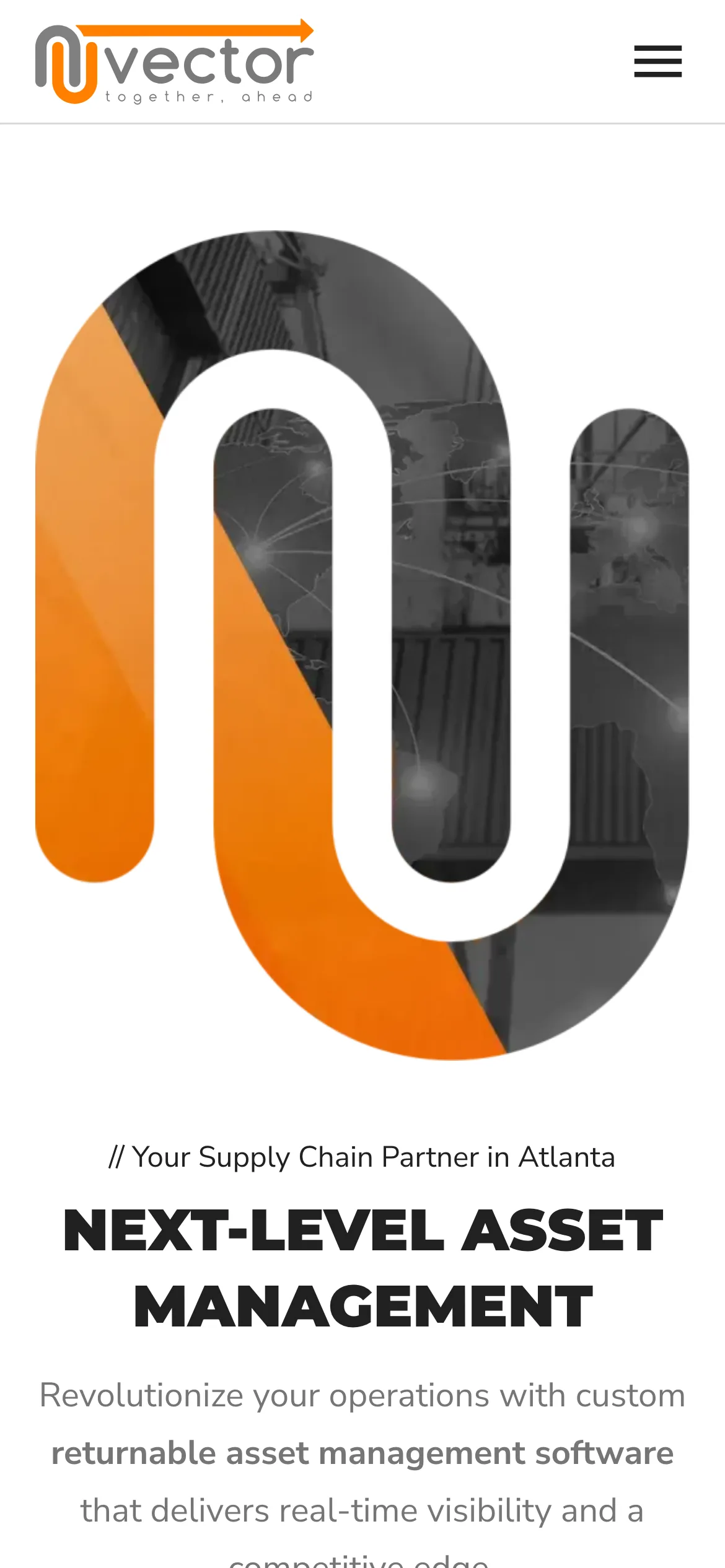The nuVector homepage on a phone, with the monogram above the headline.