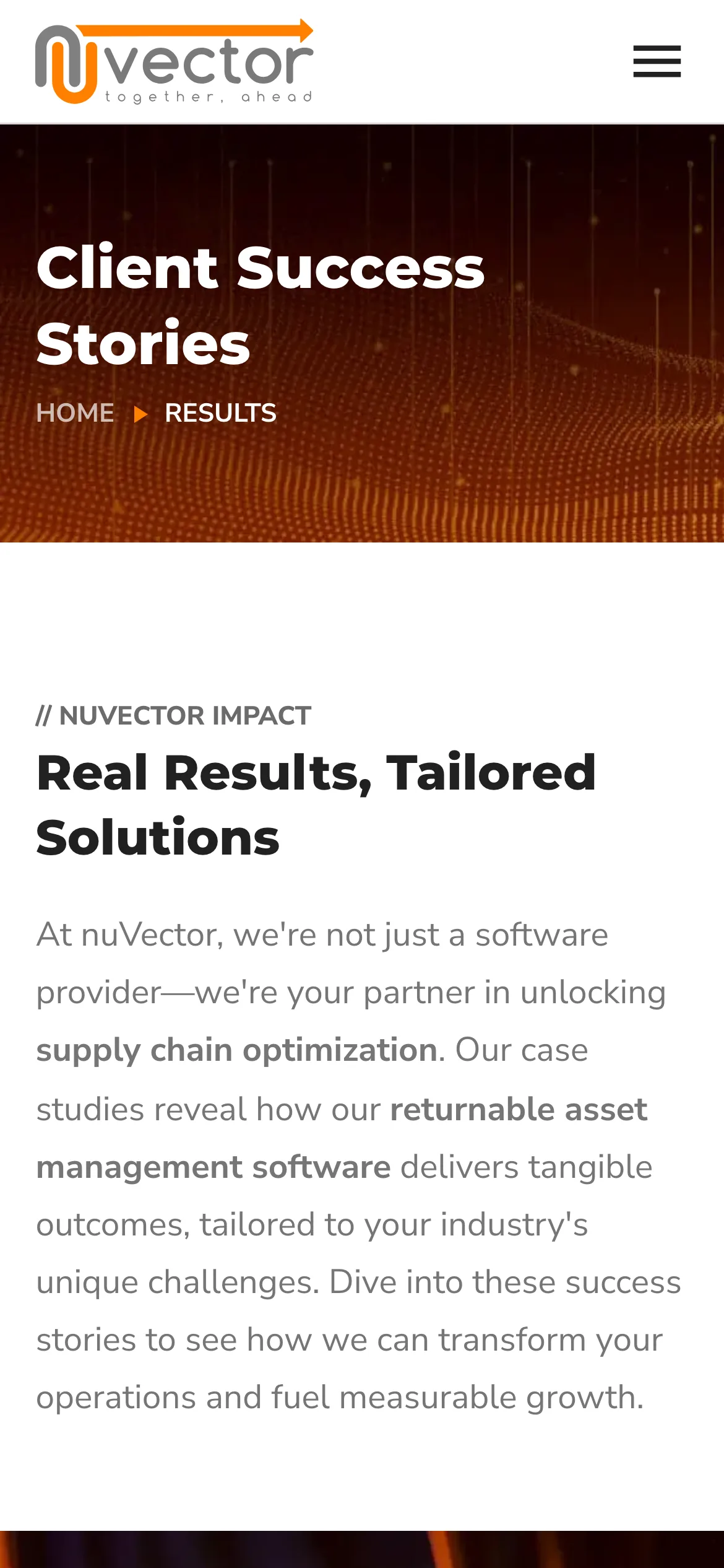 The Client Success Stories page on a phone, with the banner and breadcrumb above the introduction.