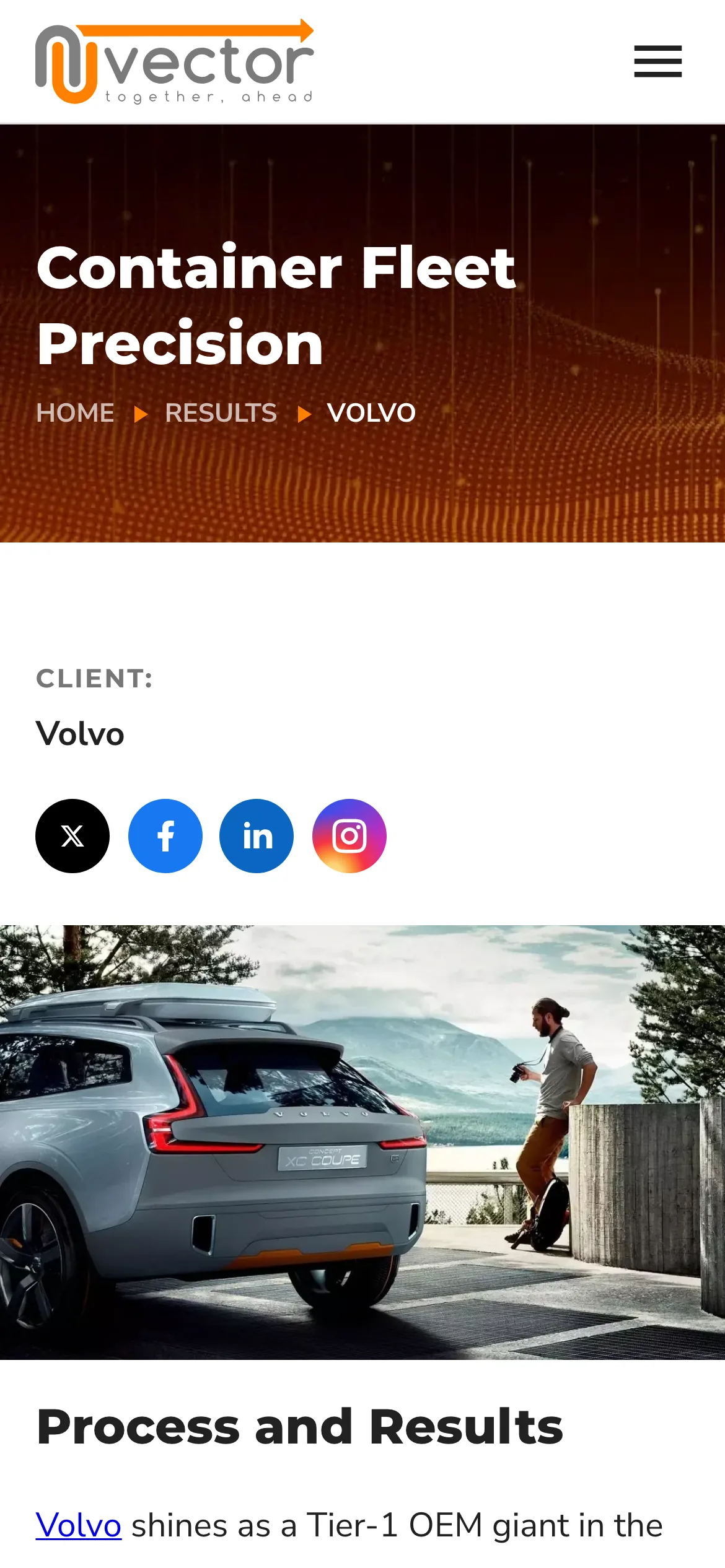 The Volvo client page on a phone, showing the client name, share buttons, a photograph and the body copy.