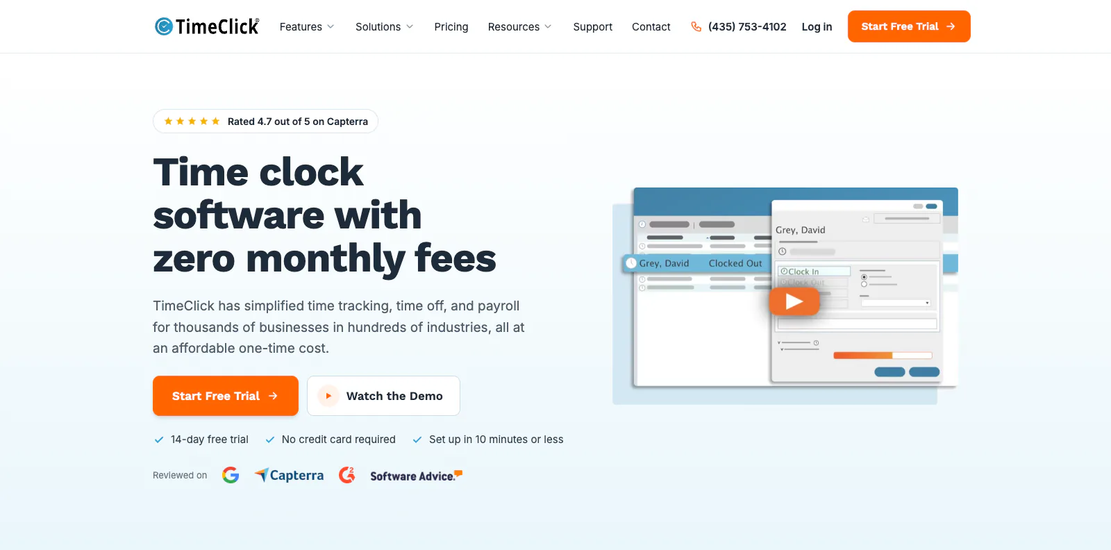 timeclick.com header and hero: the headline "Time clock software with zero monthly fees", a Start Free Trial button, a Watch the Demo button, a 4.7 out of 5 rating with Google, Capterra, G2 and Software Advice badges, and a screenshot of the software.