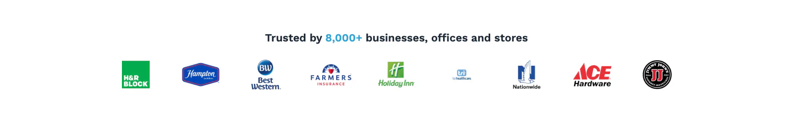 The headline "Trusted by 8,000+ businesses, offices and stores" above a row of customer logos.