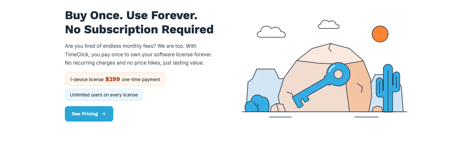 The text "Buy Once. Use Forever. No Subscription Required" with a See Pricing button, next to an illustration of a key set in a rock.