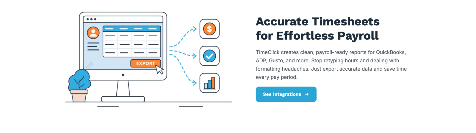 Illustration of a computer exporting a timesheet to QuickBooks, ADP and Gusto, next to the text "Accurate Timesheets for Effortless Payroll".