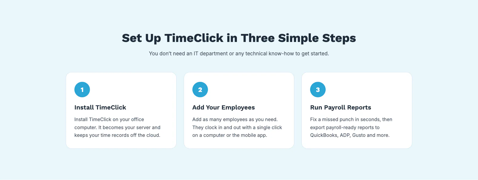 The section "Set Up TimeClick in Three Simple Steps" on a light blue band: three numbered cards for installing TimeClick, adding employees and running payroll reports.