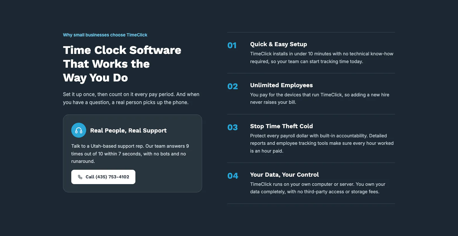 A dark section headed "Time Clock Software That Works the Way You Do": a Real People, Real Support card with a phone number to call, and four numbered points: Quick & Easy Setup, Unlimited Employees, Stop Time Theft Cold and Your Data, Your Control.