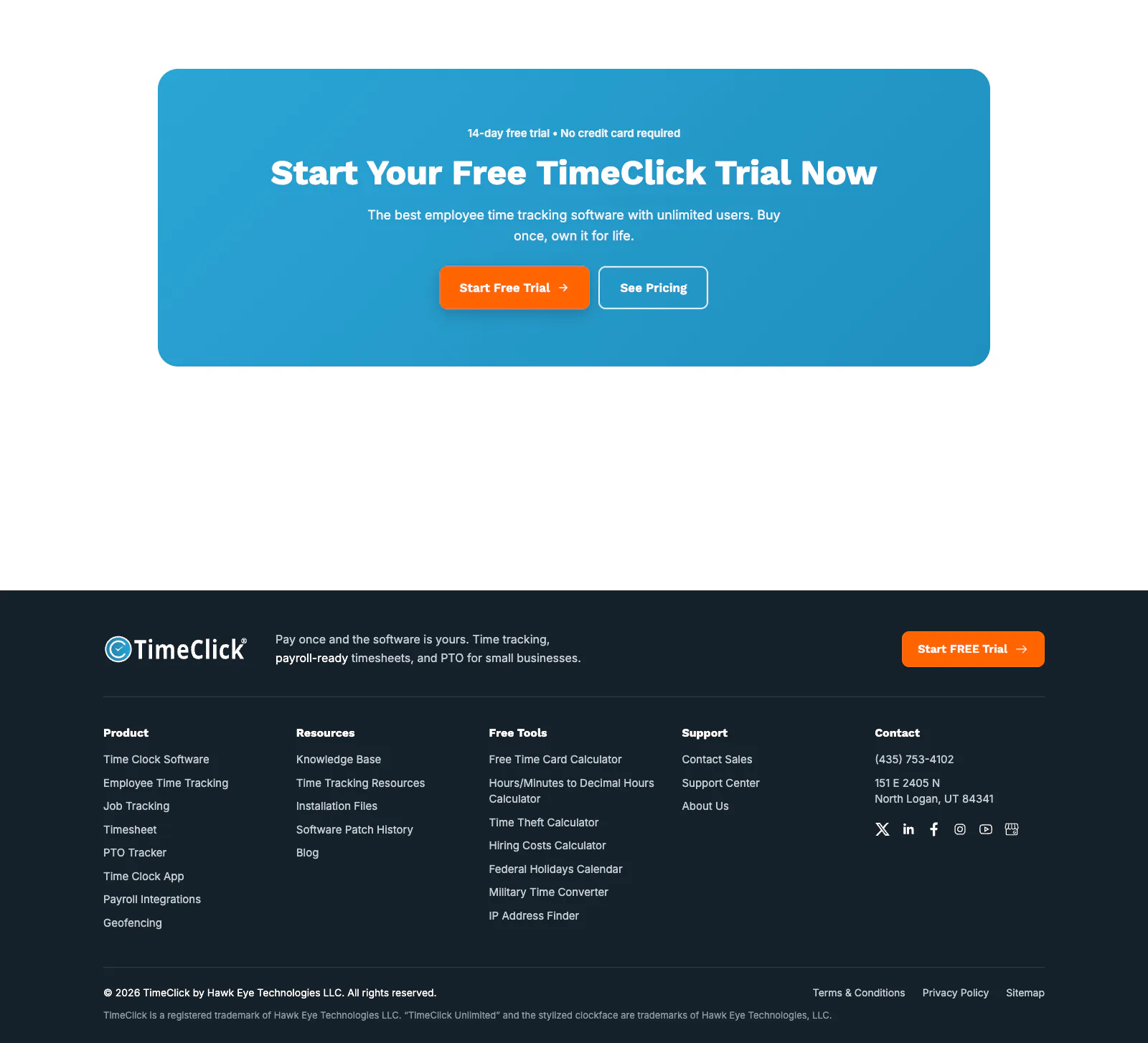 A call to action reading "Start your free TimeClick trial now" with two buttons, above a dark footer with product, resources, free tools and support columns.