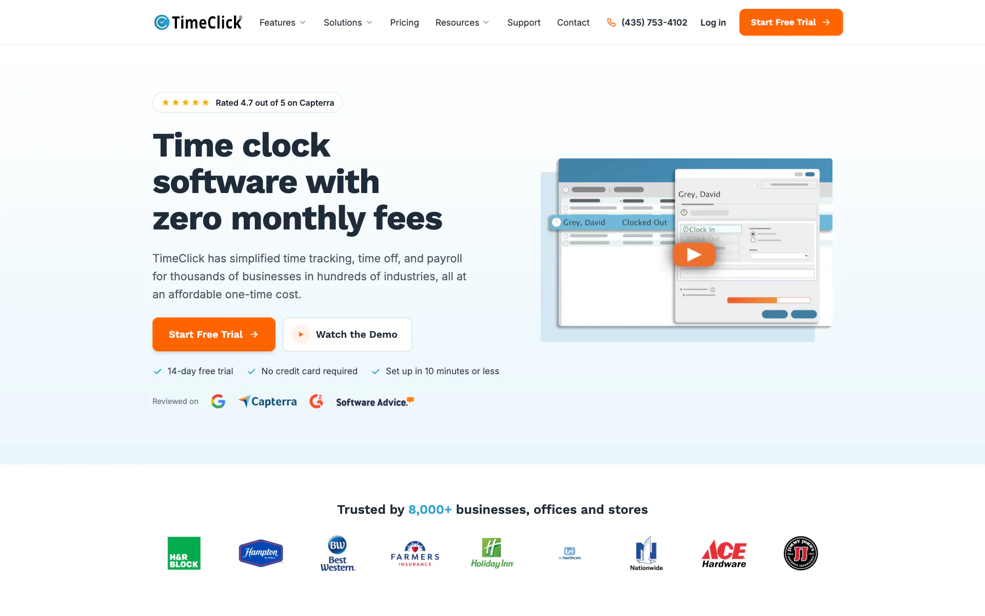 The first screen of timeclick.com: the headline "Time clock software with zero monthly fees", a free trial button and a screenshot of the software.