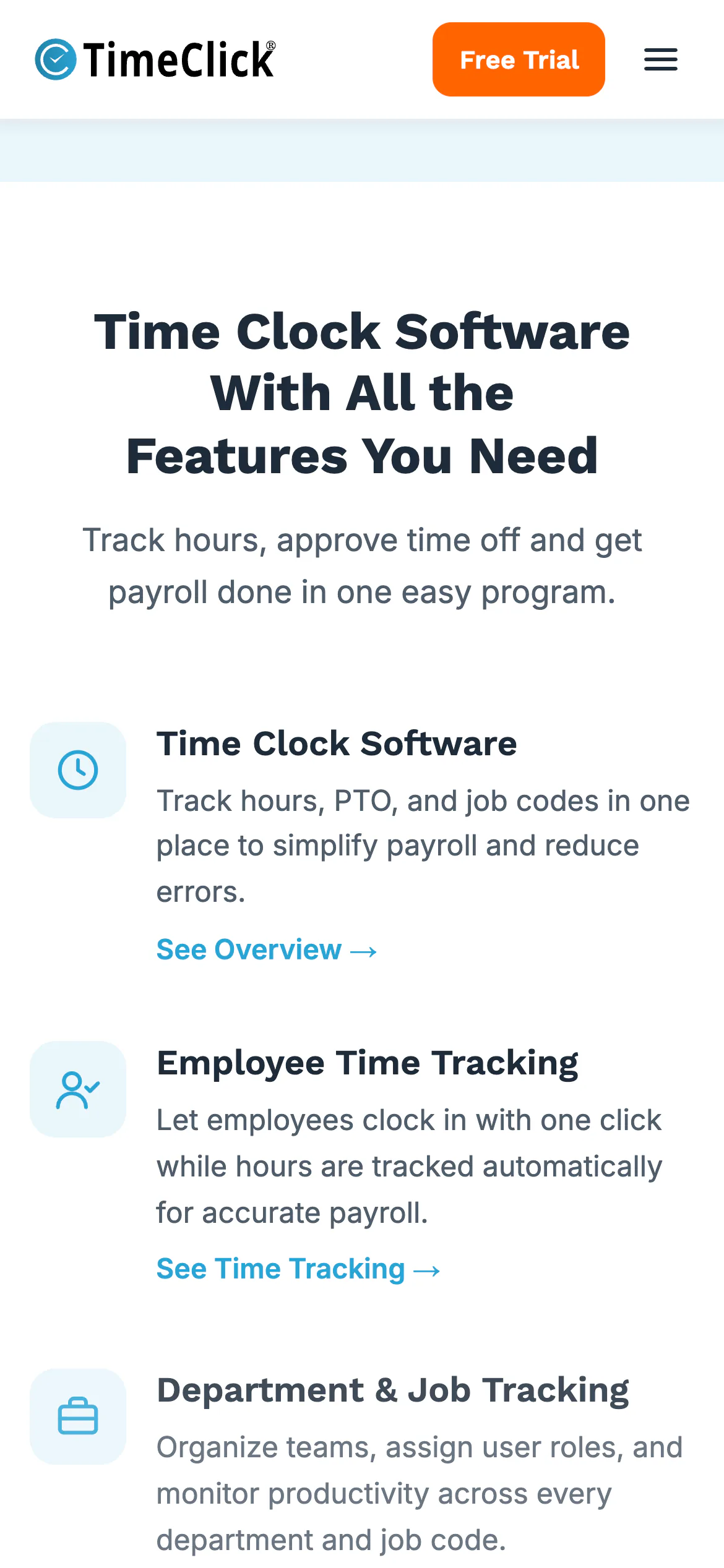 timeclick.com on a phone: the features section as a single column, each feature with an icon, a short description and a link.