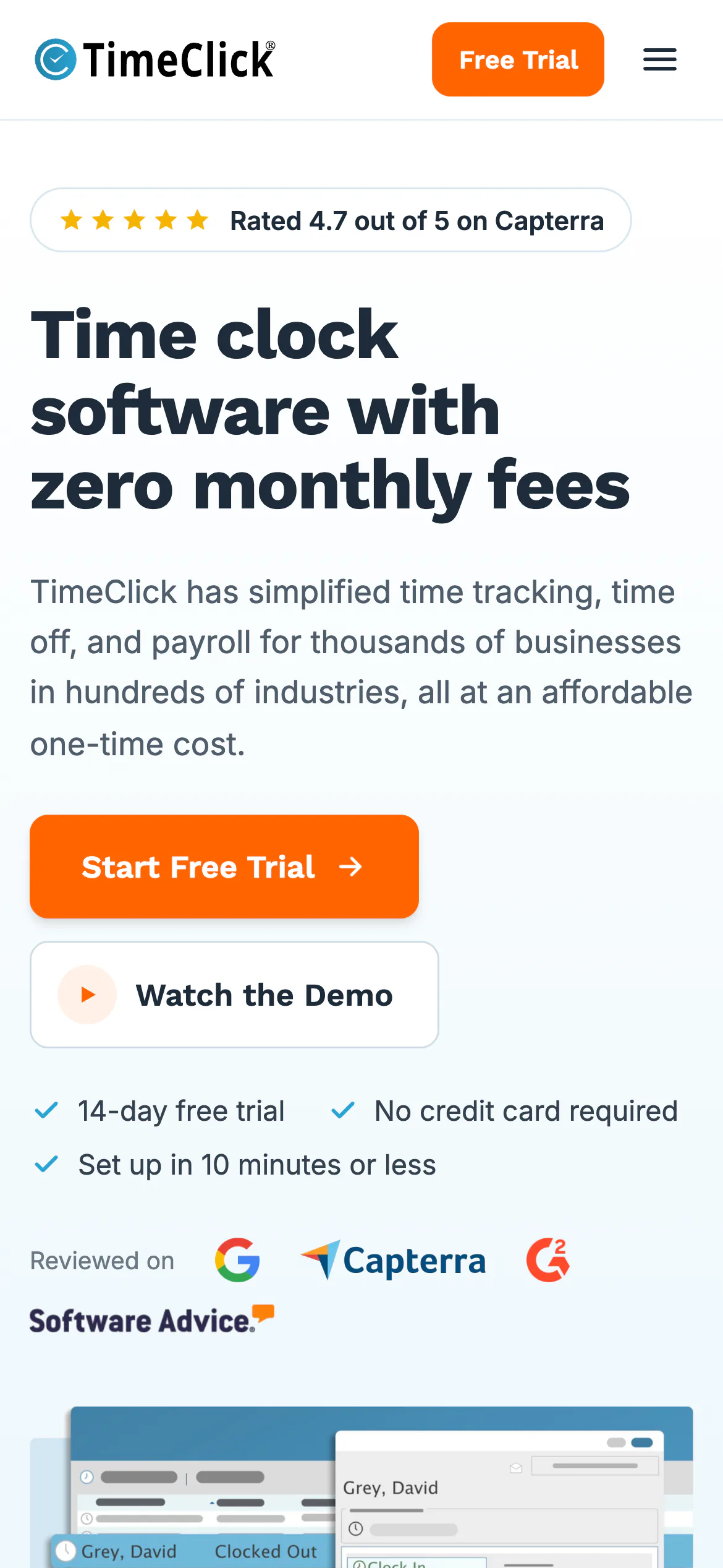 timeclick.com on a phone: the headline, the trial and demo buttons, the rating and the review site badges, then the software screenshot.