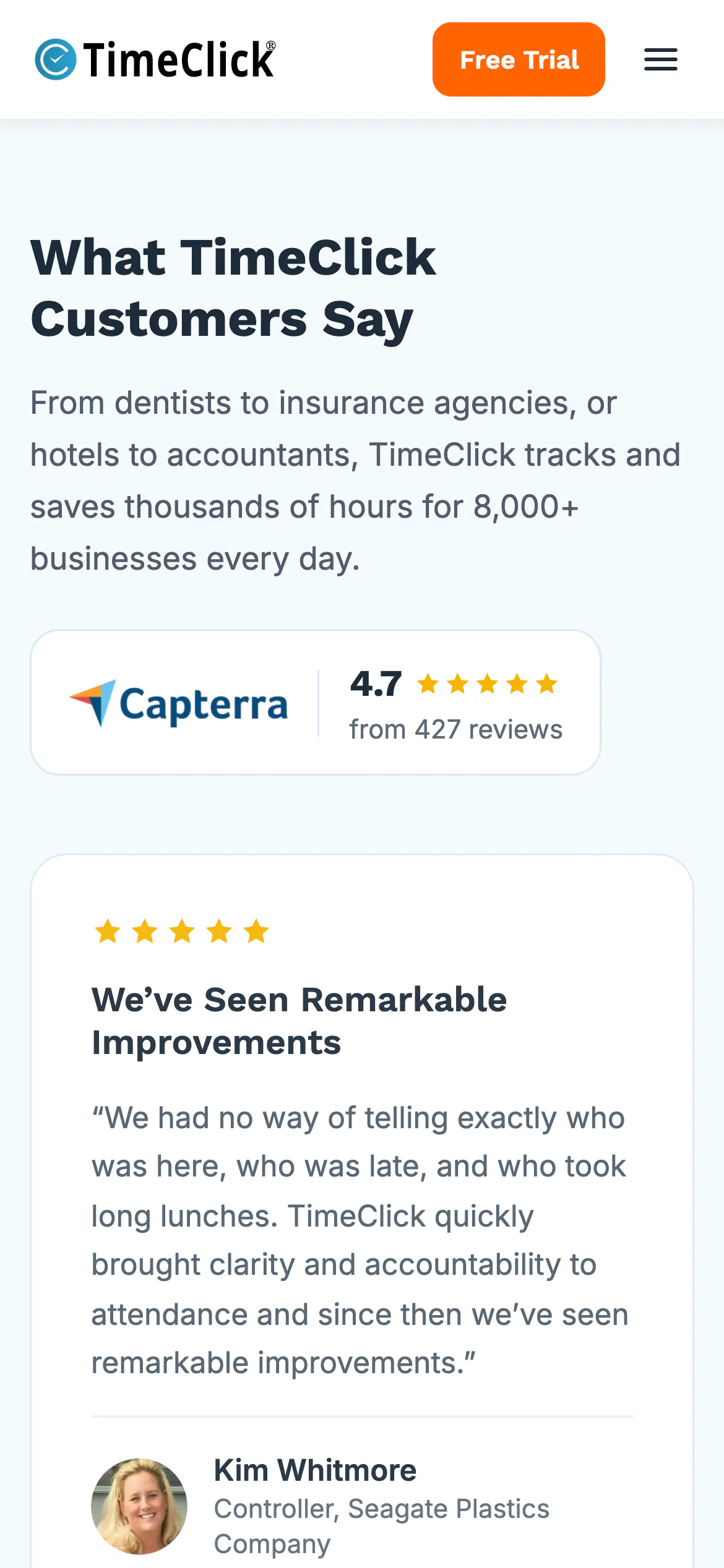 timeclick.com on a phone: the reviews section with the Capterra rating and the review cards stacked.