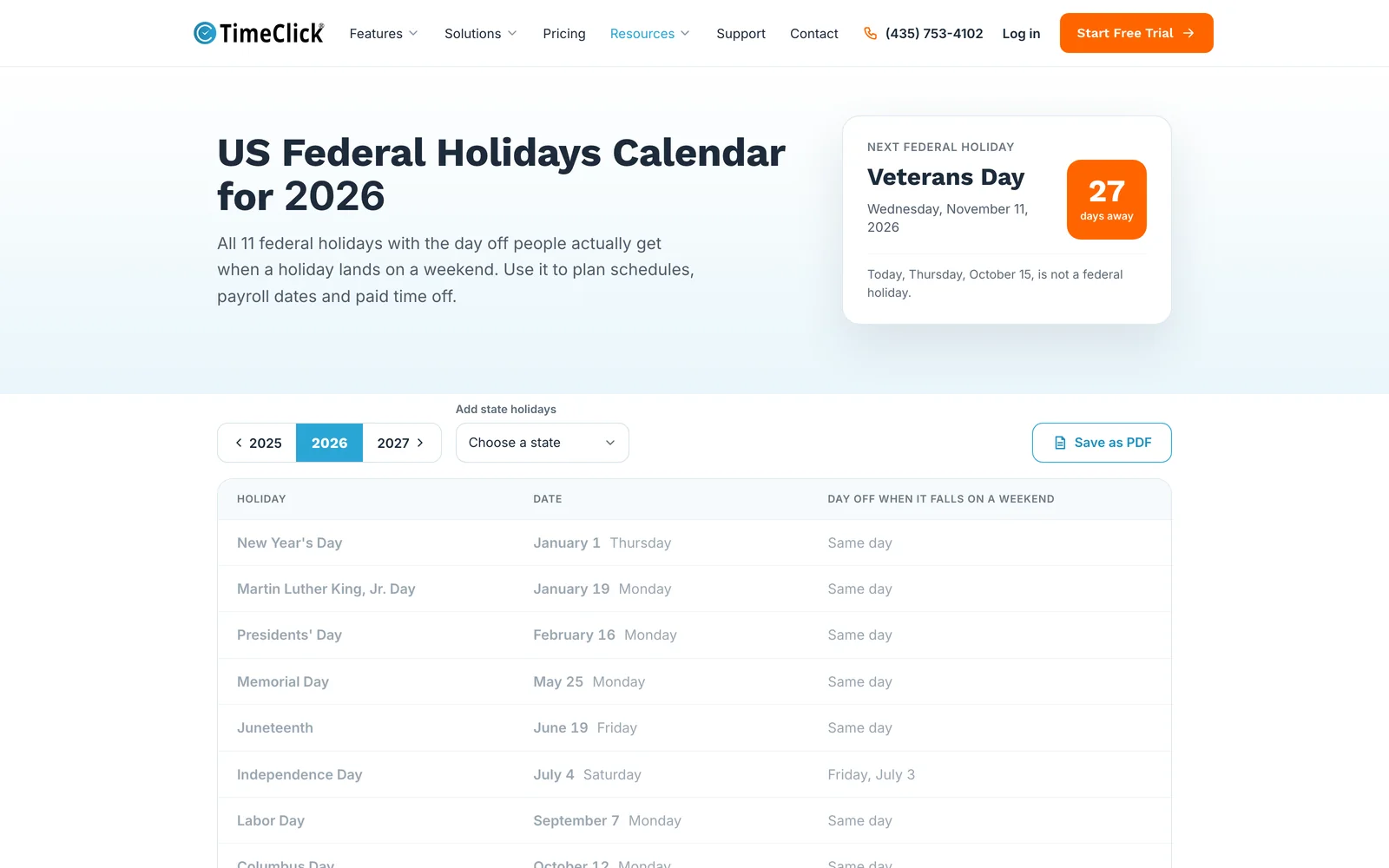 The US Federal Holidays Calendar page for 2026: a card counting down to the next federal holiday, year tabs, a state holiday picker, a Save as PDF button and a table of the holidays with the day off when one falls on a weekend.