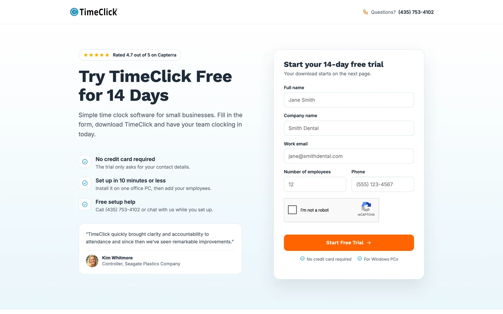 The free trial page: the headline "Try TimeClick Free for 14 Days", three reasons to sign up (no credit card, setup in 10 minutes or less, free setup help), a customer quote and a short signup form.