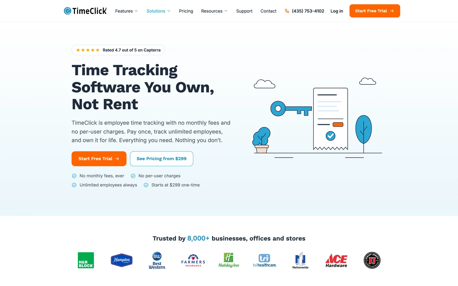 The no-subscription page: the headline "Time Tracking Software You Own, Not Rent" with a 4.7 Capterra rating, Start Free Trial and See Pricing from $299 buttons, a key illustration and a row of customer logos below.
