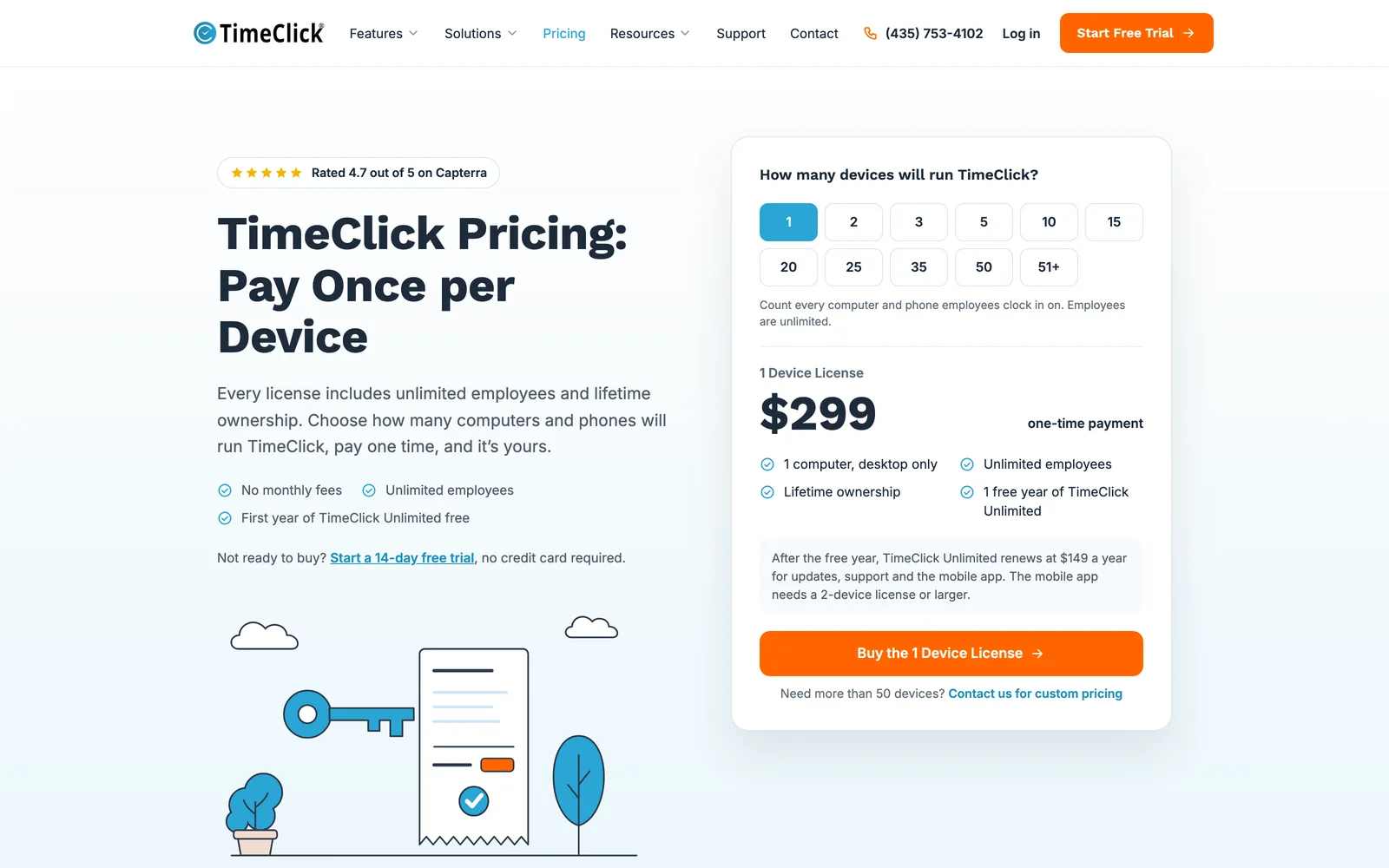 The pricing page: the headline "TimeClick Pricing: Pay Once per Device" with a 4.7 Capterra rating, and a card where visitors pick how many devices will run TimeClick and see the one-time price, what is included and the renewal cost.