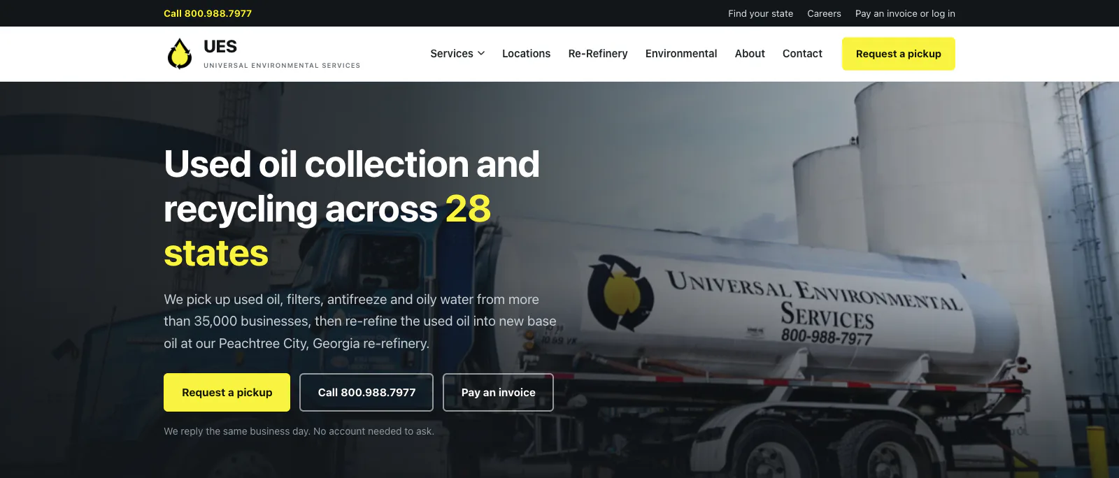 UES header and hero with the headline "Used oil collection and recycling across 28 states", a Request a pickup button, a Call button, a Pay an invoice button and a photo of a UES tanker truck at the plant.
