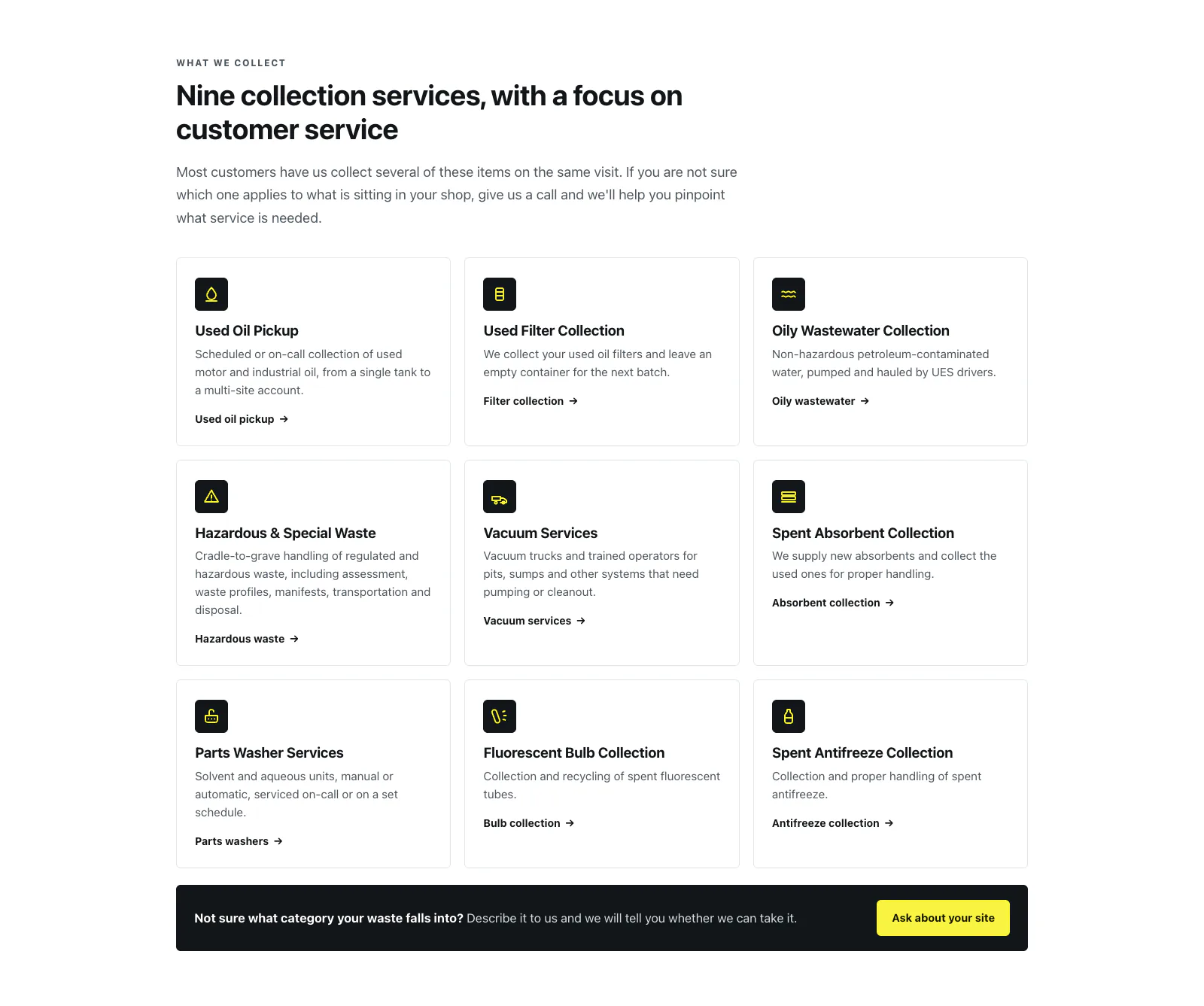 A grid of nine service cards (used oil pickup, used filter collection, oily wastewater, hazardous waste, vacuum services, spent absorbents, parts washer service, fluorescent bulbs, spent antifreeze) and a black bar that says "Not sure what category your waste falls into?".
