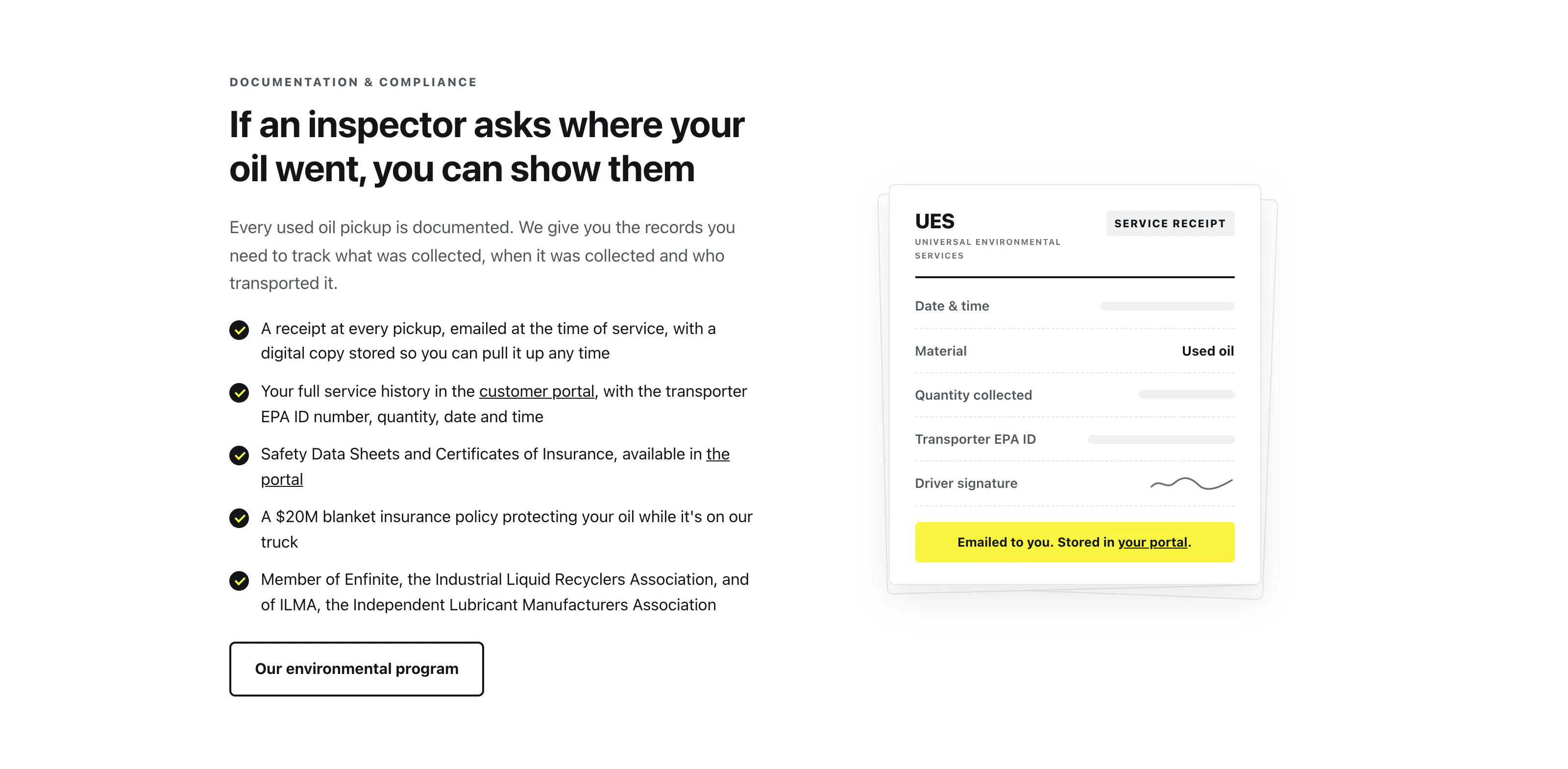 A checklist of compliance points next to an illustration of a UES service receipt.