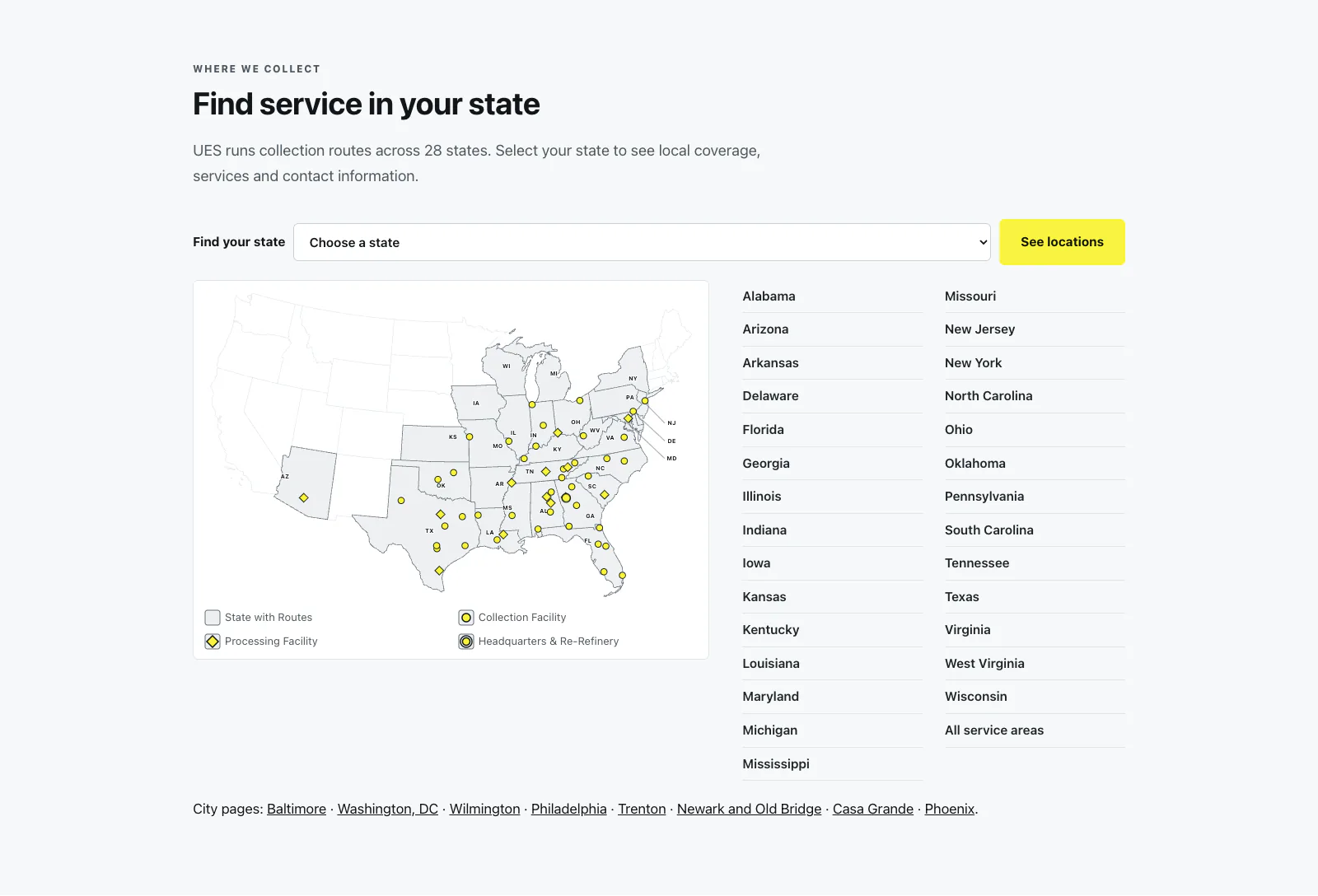 The Find service in your state section: a state picker with a See locations button, a US map with the served states shaded, yellow pins for every facility and a legend, a two-column list of the 28 states, and a line of city page links.