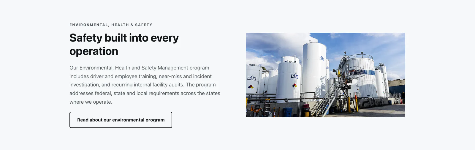 A section titled "Safety built into every operation" with a paragraph, a button and a photo of storage tanks.