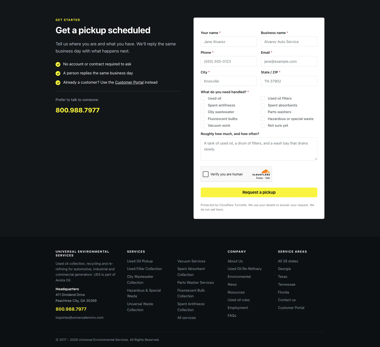 A dark section with a pickup request form on the right and a phone number on the left, above the site footer.
