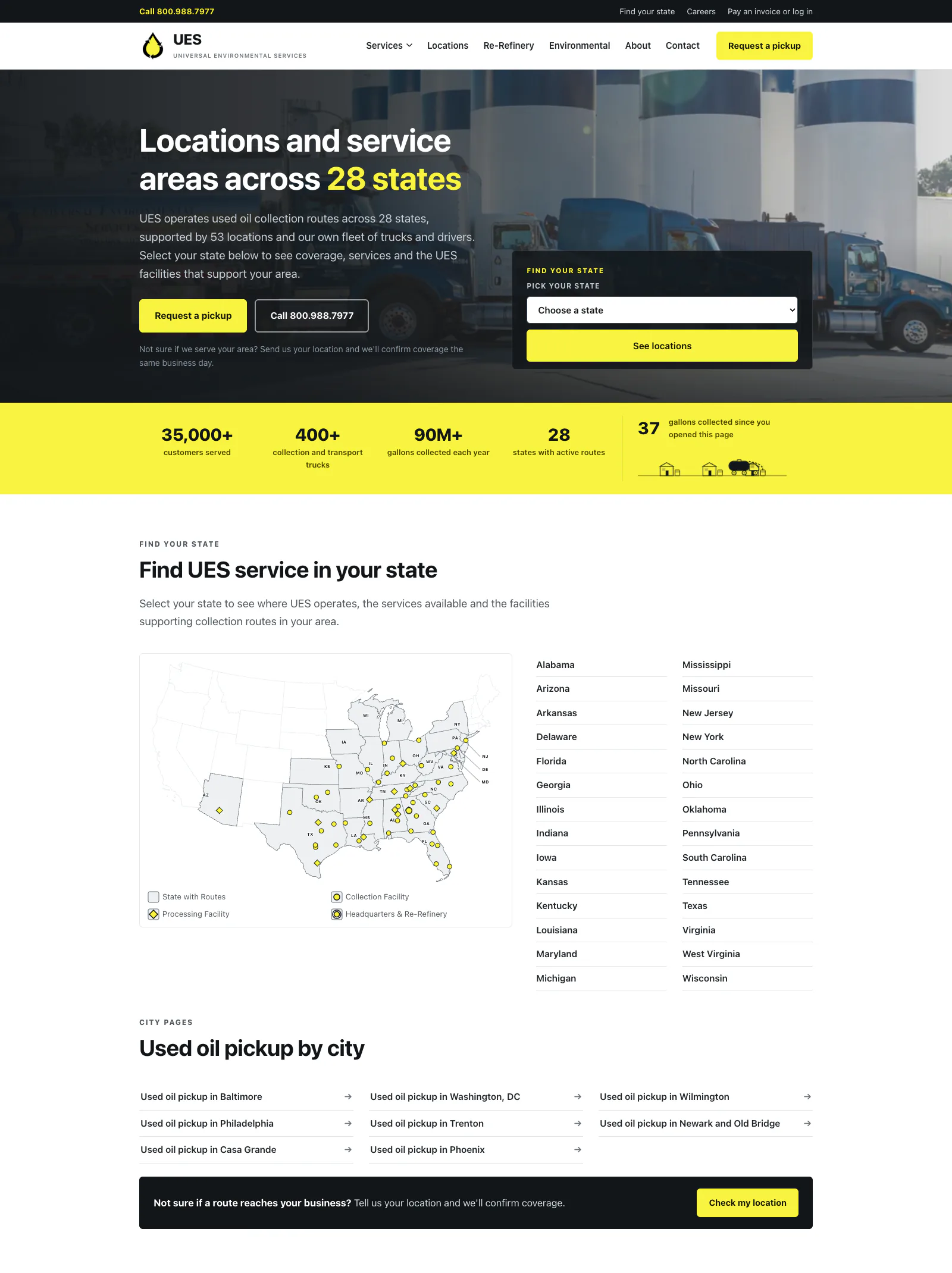 The new locations page: the headline, the numbers strip, and the US map with the state list.