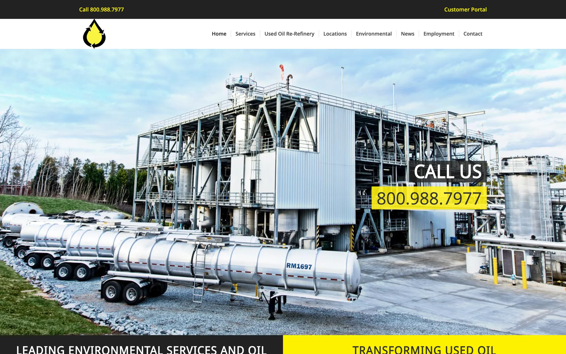 The old UES homepage: a full-width photo of the plant with a "Call us" phone number over it, and a two-tone headline band below.