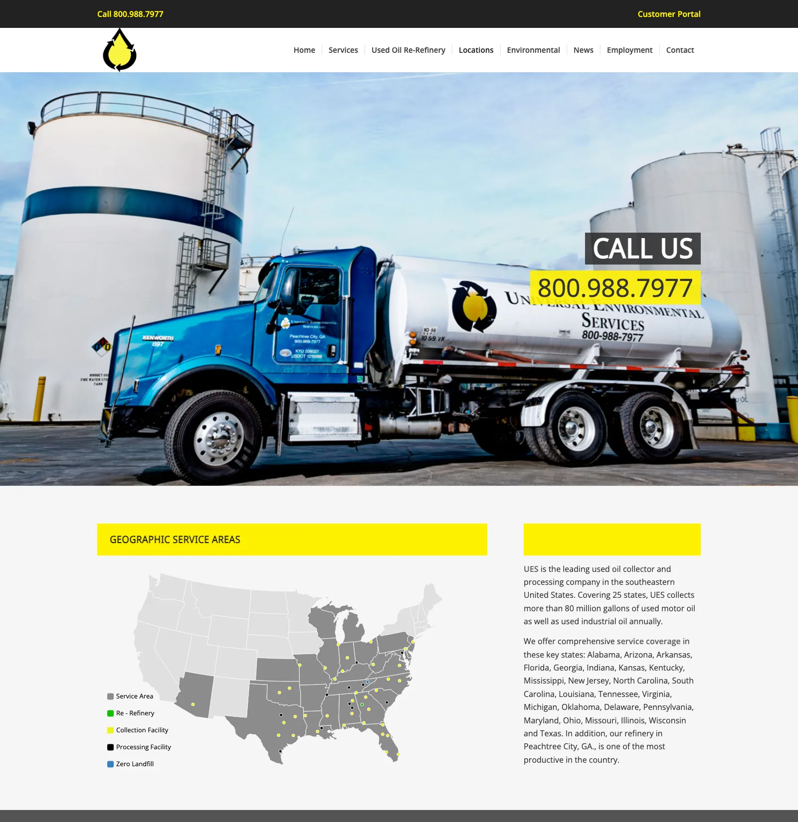 The old locations page: a truck photo with "Call us" and a phone number over it, then a "Geographic service areas" heading with a gray plugin map and a paragraph.