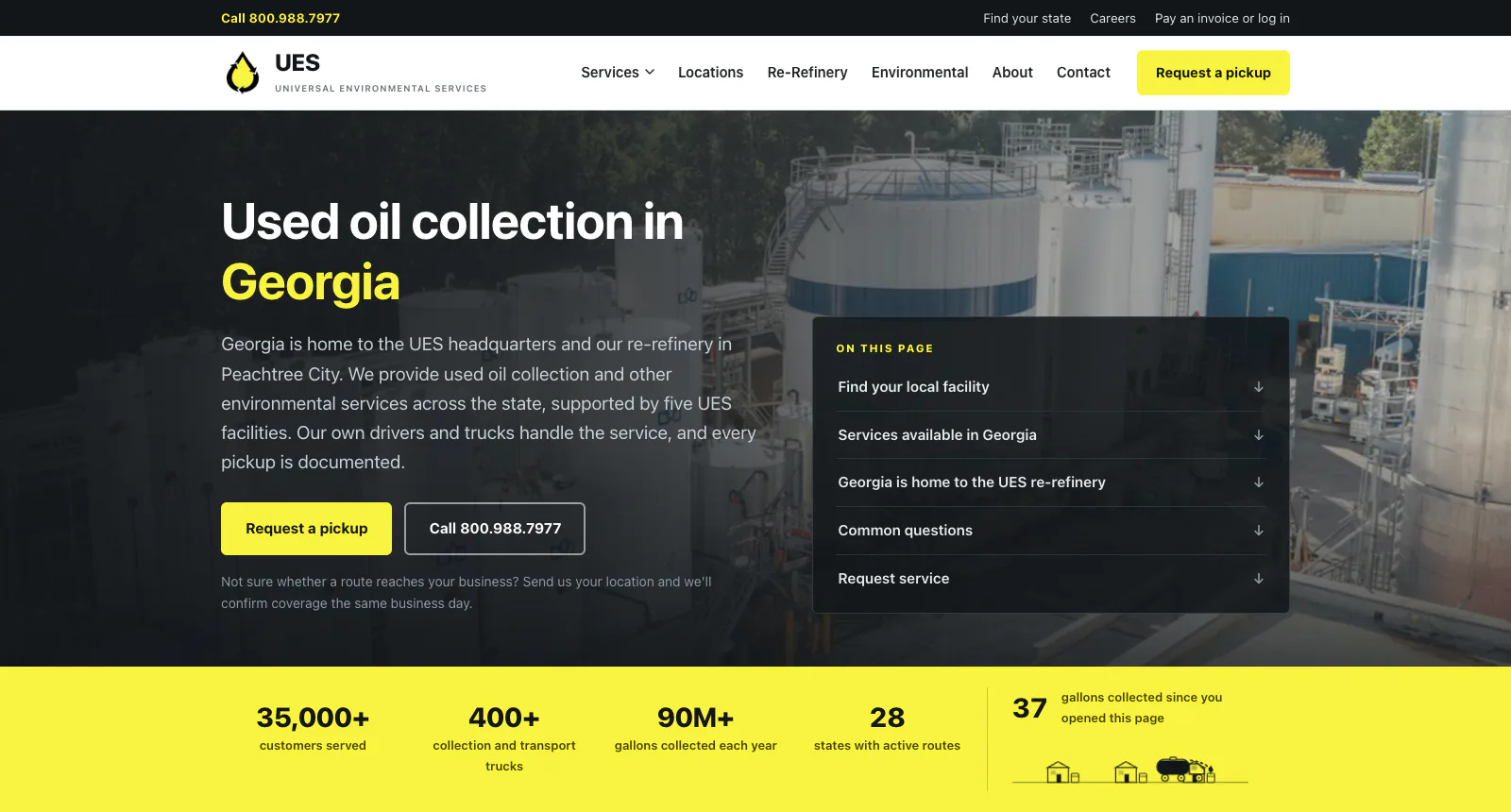 The top of the Georgia page: the headline "Used oil collection in Georgia", an on-this-page list and the yellow numbers strip.