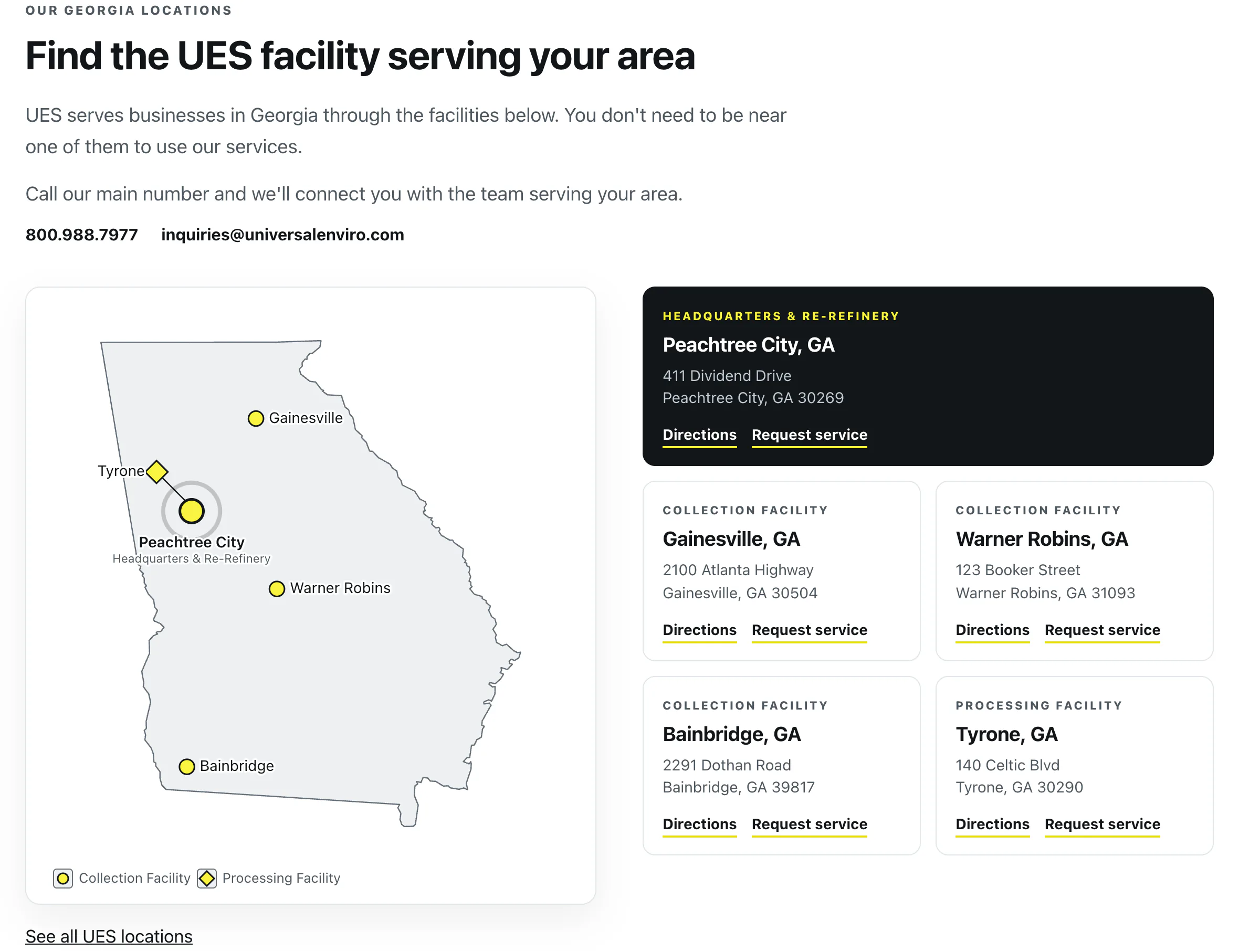 The Find the UES facility serving your area section on the Georgia page: the state map with five pins next to five address cards.