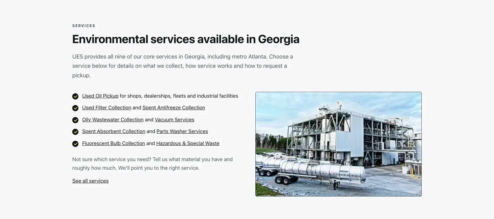The Environmental services available in Georgia section: a list of all nine services with links, next to a photo of the plant.