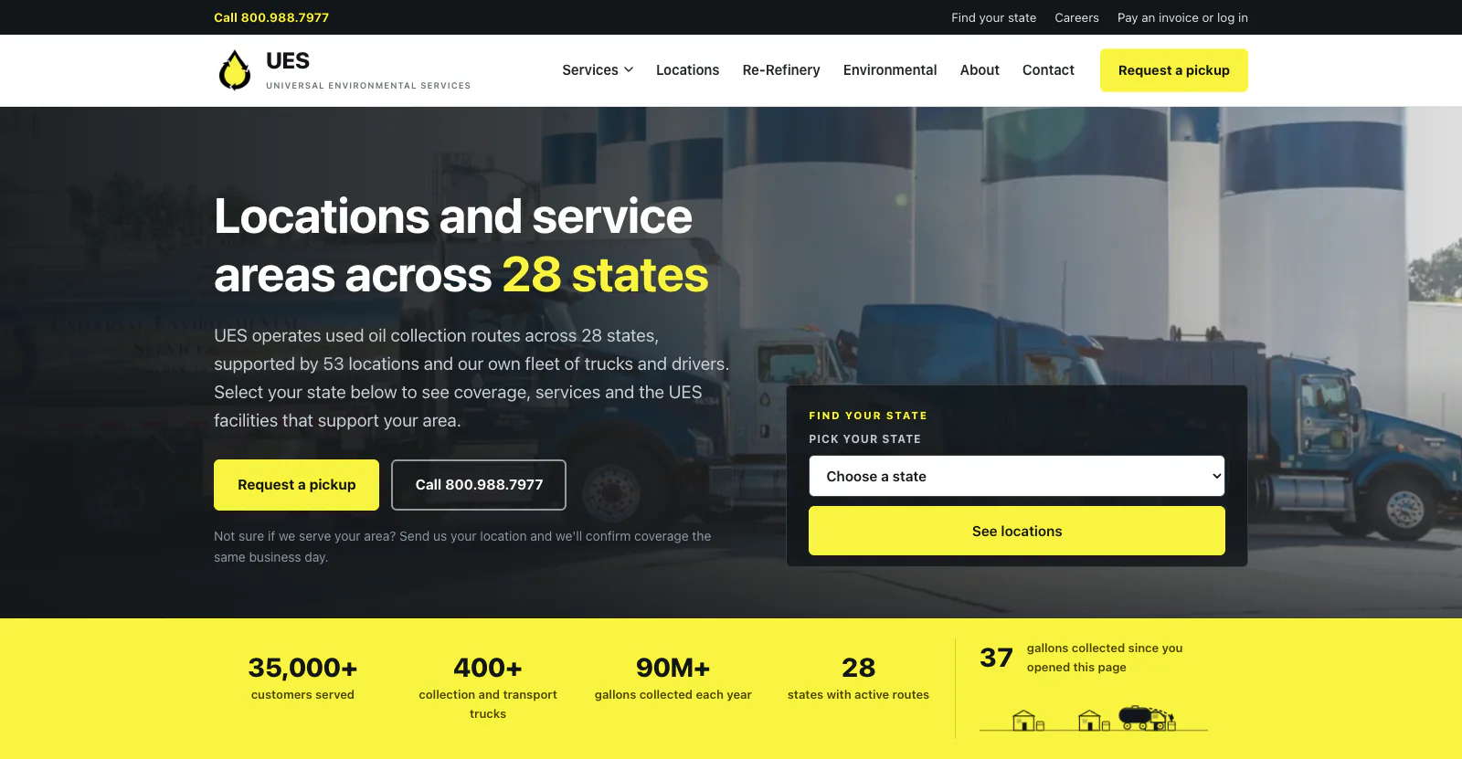 The top of the locations page: the headline "Locations and service areas across 28 states", two buttons, a state picker, a photo of trucks at the plant and the yellow numbers strip.