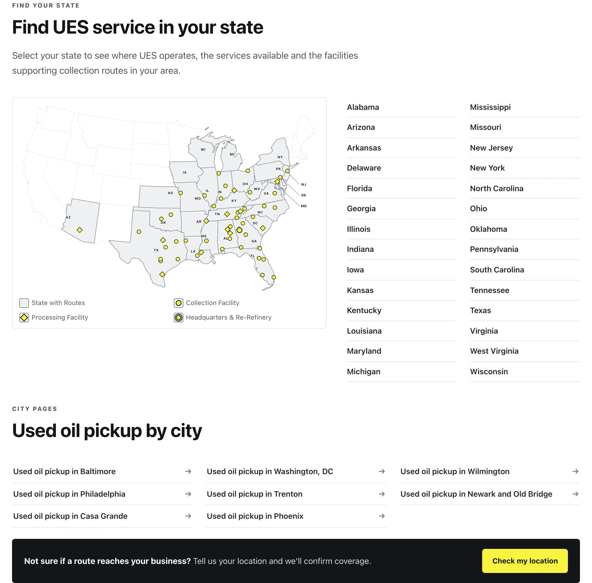 The Find UES service in your state section: the US map with a pin for every facility and a legend beside a two-column list of states, a list of used oil pickup city pages, and a black bar that says "Not sure if a route reaches your business?".