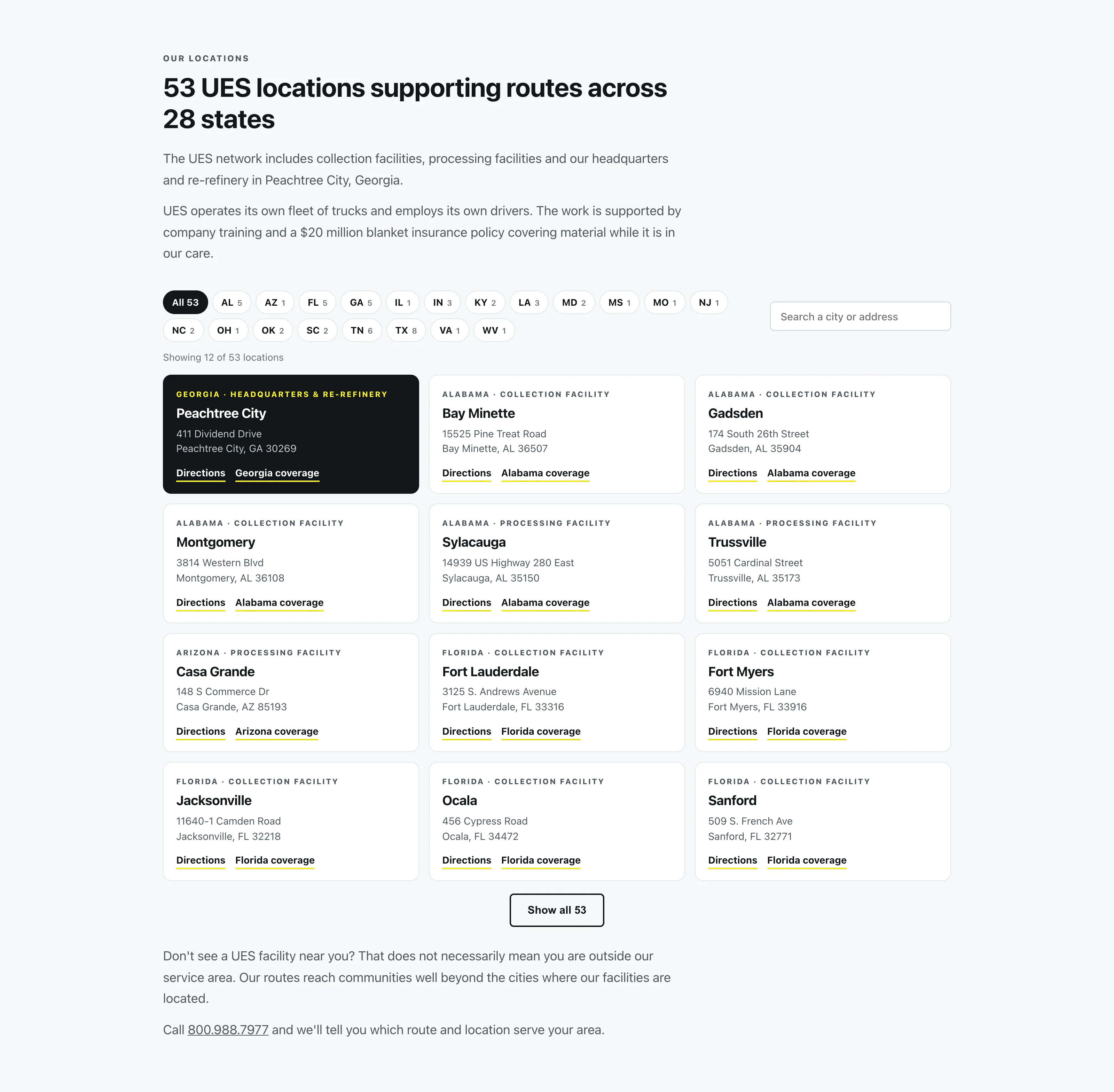 The UES locations section: an intro paragraph, state filter buttons and a search box above a grid of facility cards, each with the state, the facility type, the city, the street address and links for directions and the state page, and a Show all button.