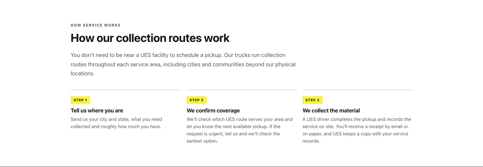 The How our collection routes work section: three numbered steps.