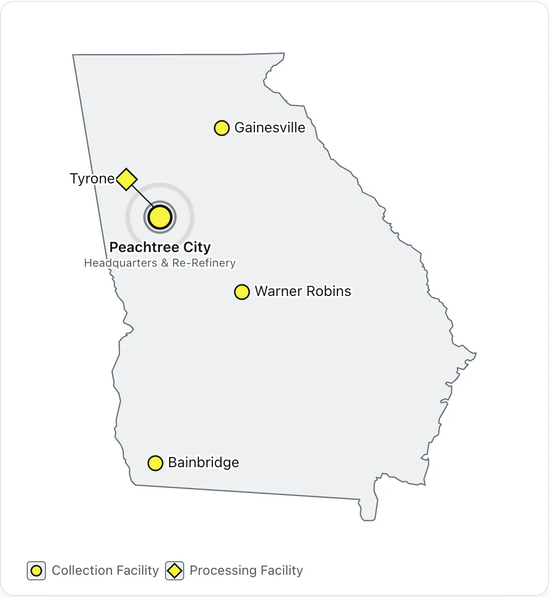 The Georgia map: five pins with city labels, the headquarters pin at Peachtree City with a pulse ring, a diamond marker at Tyrone, and a legend.