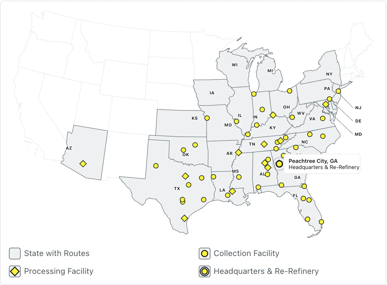 The US map: 28 served states shaded, a yellow pin for every facility, leader lines to the labels for New Jersey, Delaware and Maryland, a legend, and the popup for the Peachtree City headquarters open next to its pin.