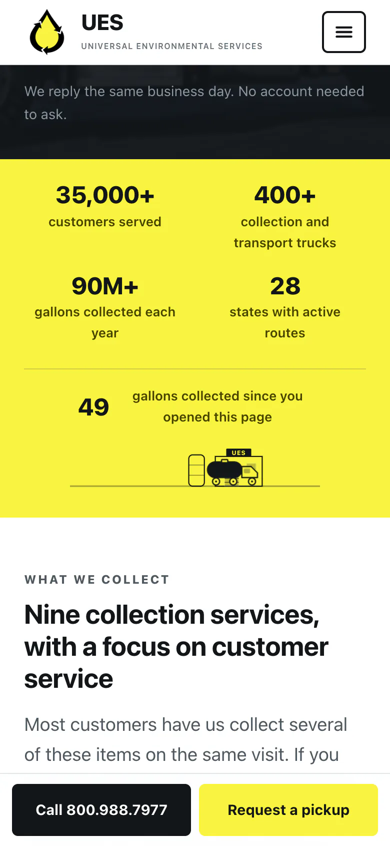 The yellow numbers bar on a phone: four numbers in two rows, then the count of gallons collected since the page opened and the truck.