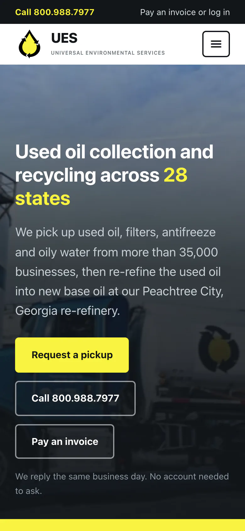 The new UES homepage on a phone: the header, the headline, the Request a pickup, Call and Pay an invoice buttons, the reply promise and the plant photo.